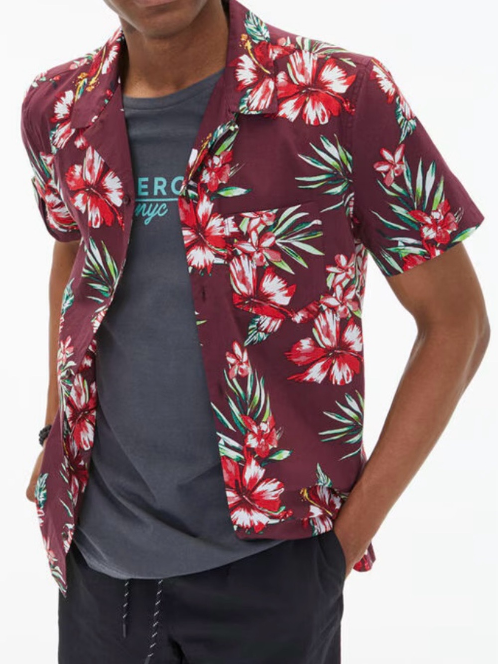 5/$15💥 Men's Burgundy Floral Tropical Print Resort Shirt Summer Vacation Casual